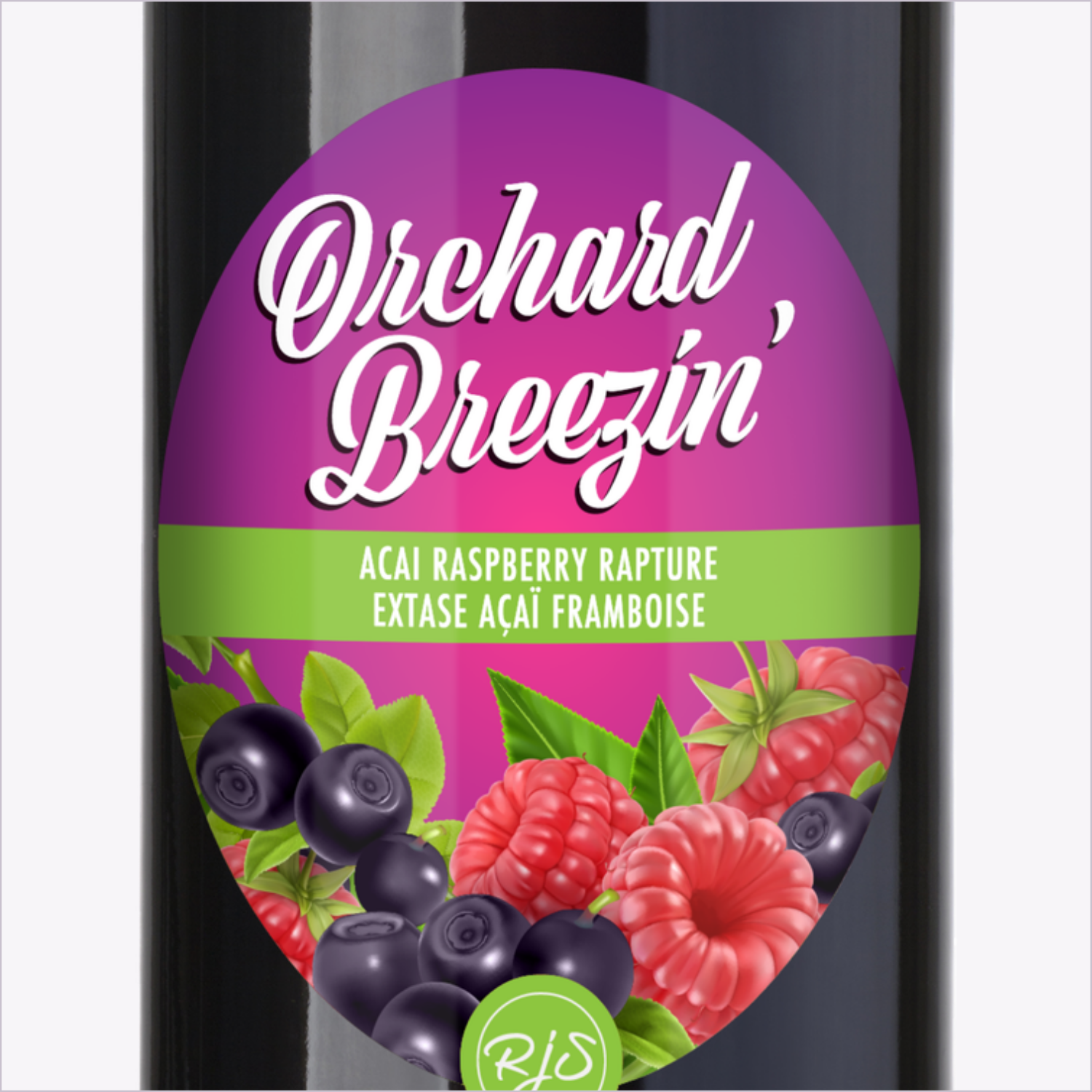 Close-up of the Orchard Breezin' Acai Raspberry Rapture bottle label