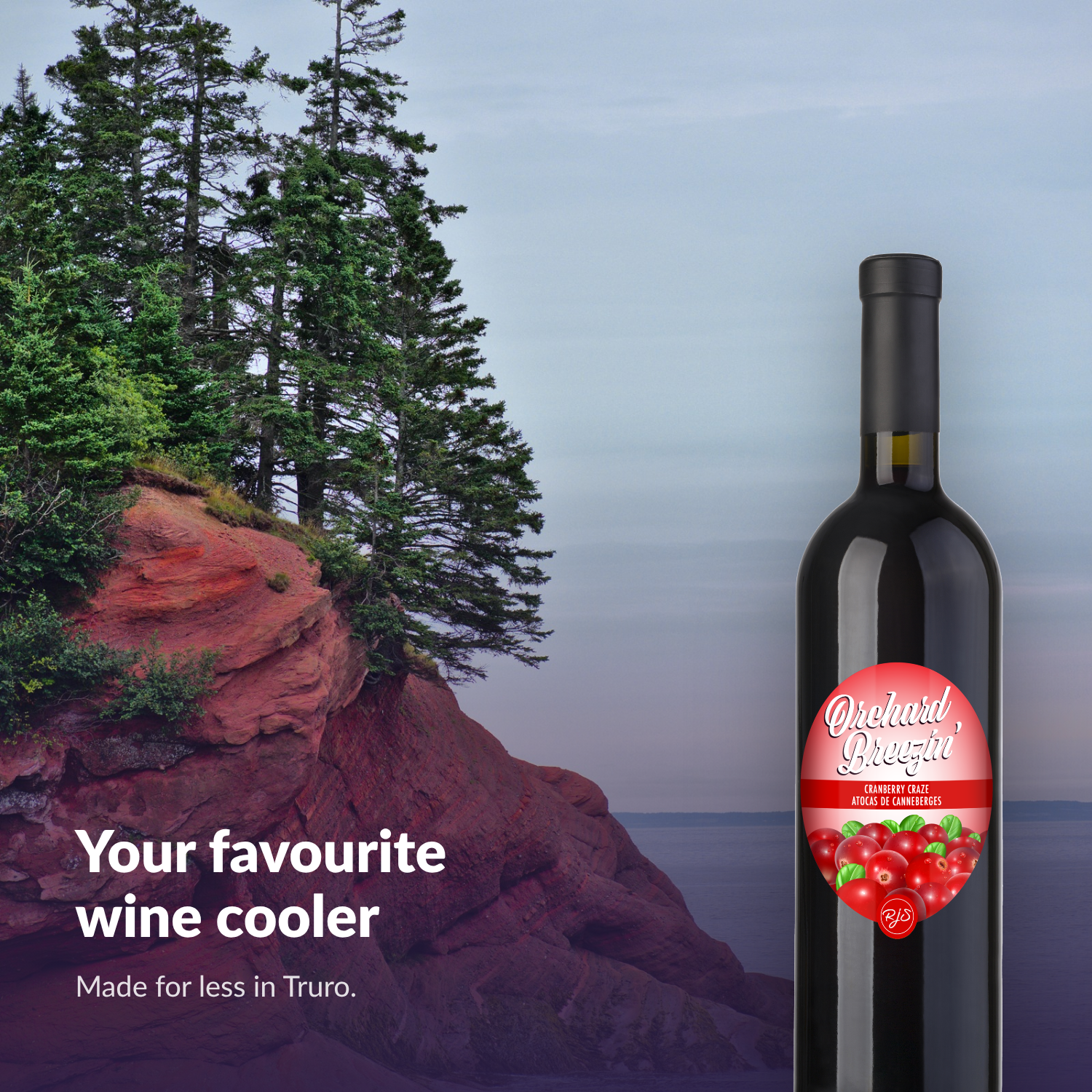 Orchard Breezin' Cranberry Craze bottle against the red sea cliffs of Atlantic Canada