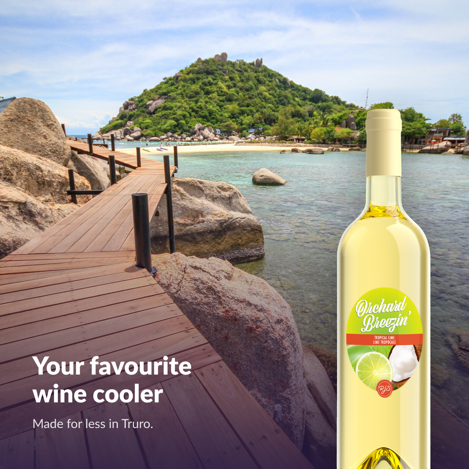 Orchard Breezin' Tropical Lime bottle on a boardwalk above turquoise water