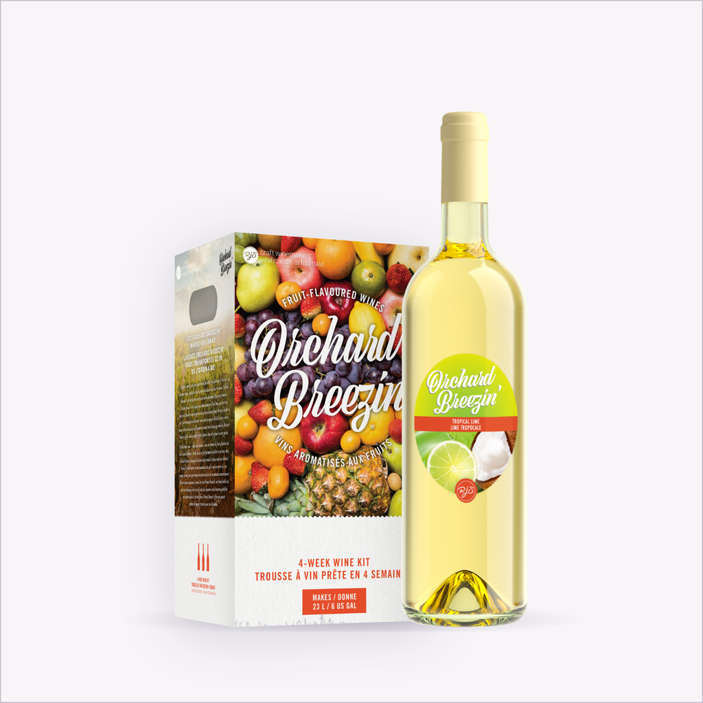 Orchard Breezin' Tropical Lime wine kit box with the finished bottle
