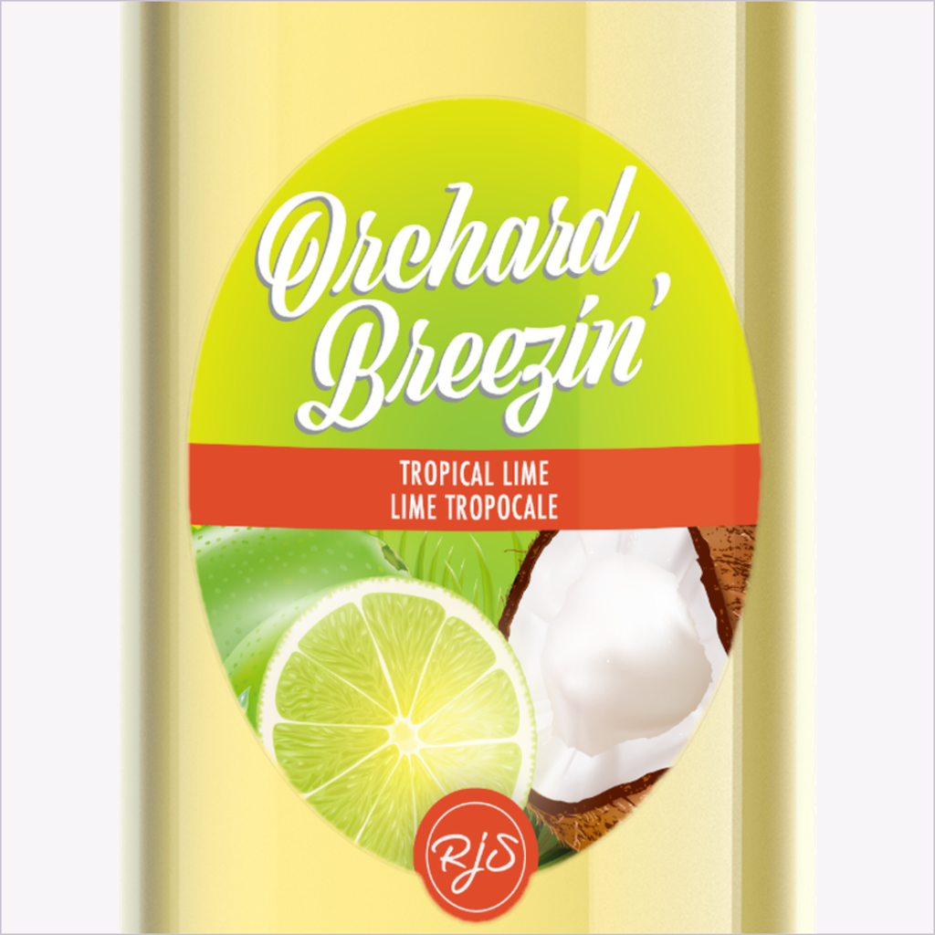 Close-up of the Orchard Breezin' Tropical Lime bottle label