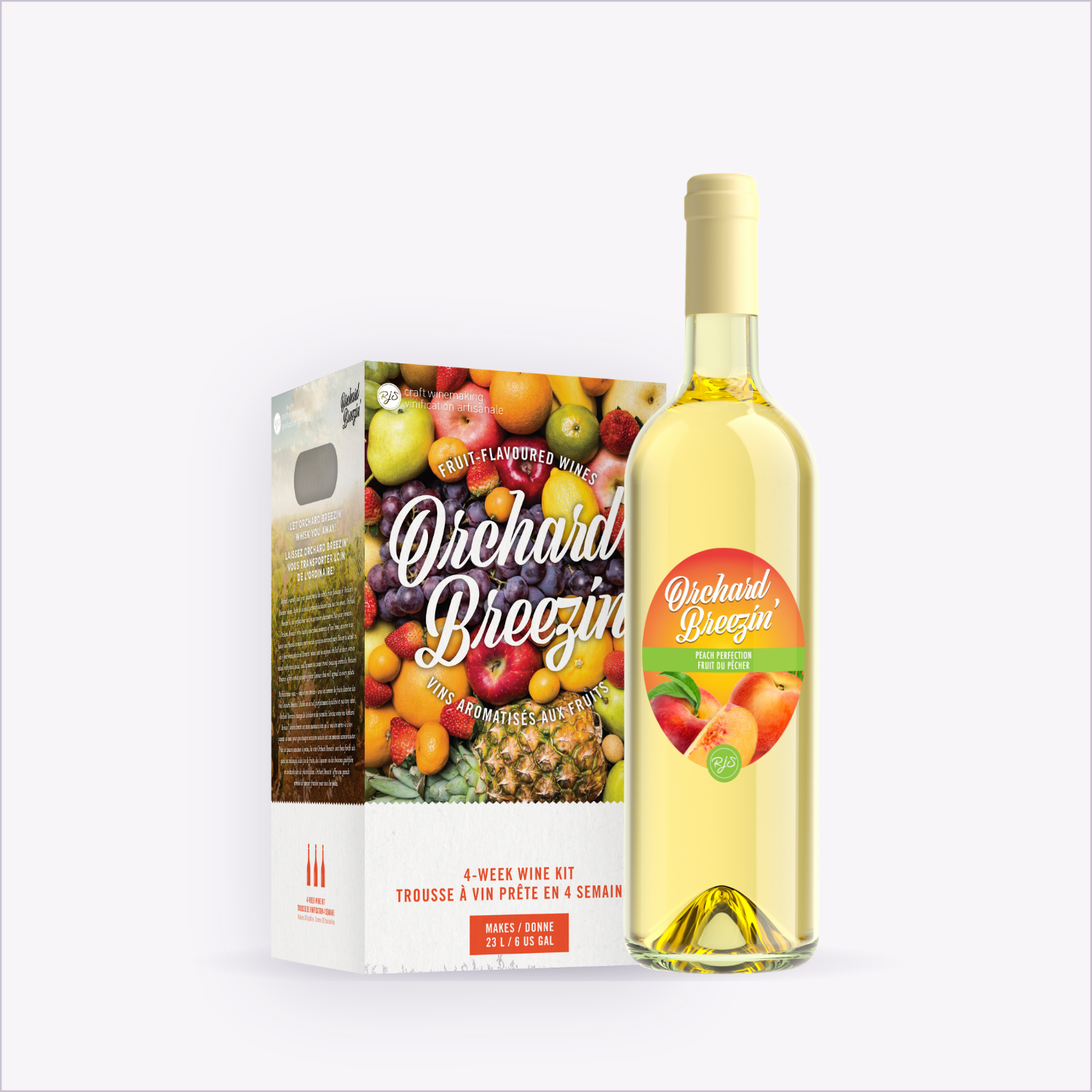 Orchard Breezin' Peach Perfection wine kit box with the finished bottle