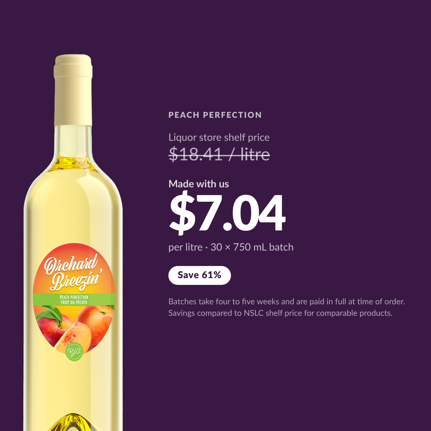 Orchard Breezin' Peach Perfection at $7.04 per litre made with us, versus $18.41 per litre liquor store shelf price