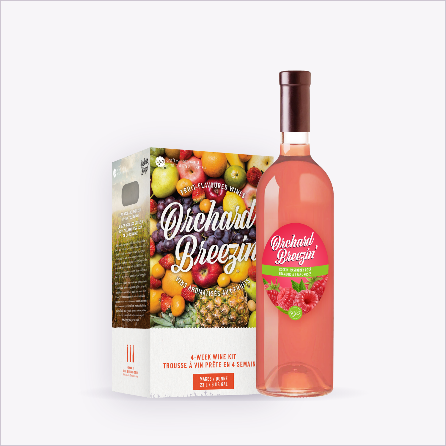 Orchard Breezin' Rockin' Raspberry Rosé wine kit box with the finished bottle