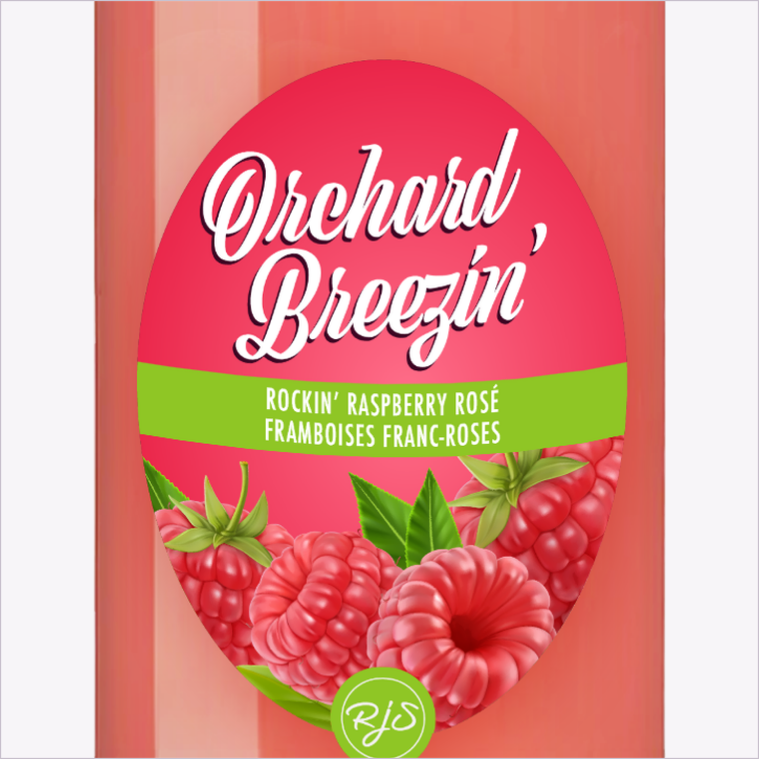 Close-up of the Orchard Breezin' Rockin' Raspberry Rosé bottle label