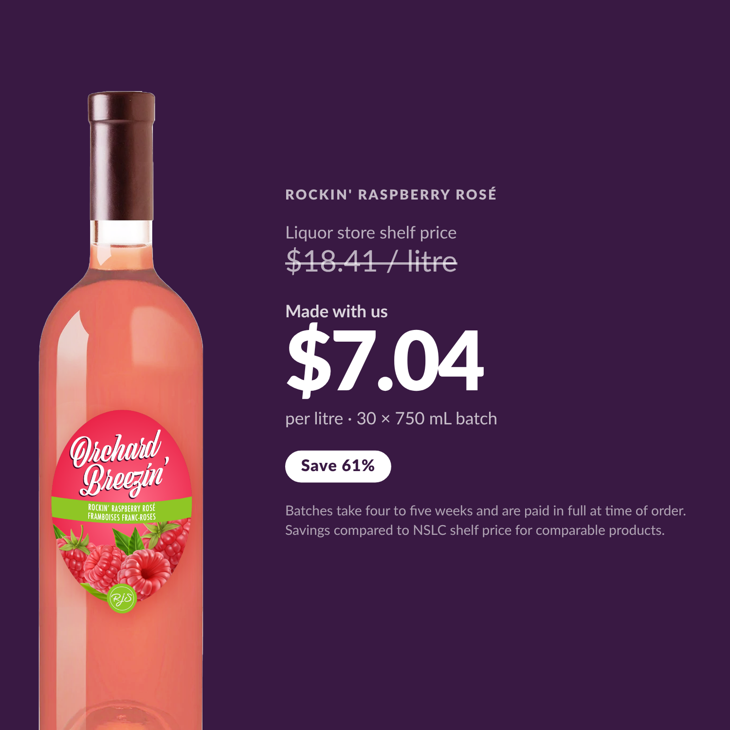 Orchard Breezin' Rockin' Raspberry Rosé at $7.04 per litre made with us, versus $18.41 per litre liquor store shelf price