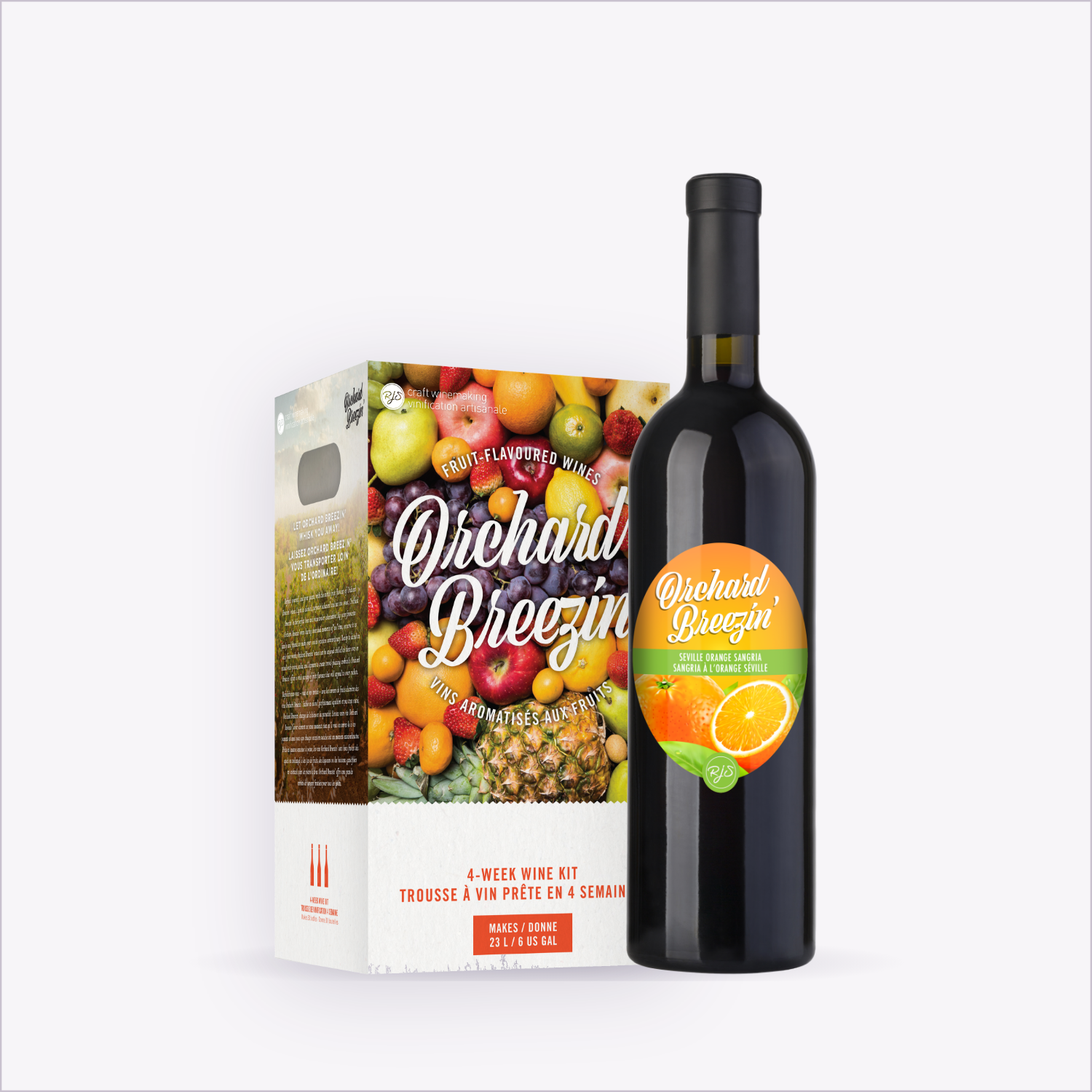 Orchard Breezin' Seville Orange Sangria wine kit box with the finished bottle