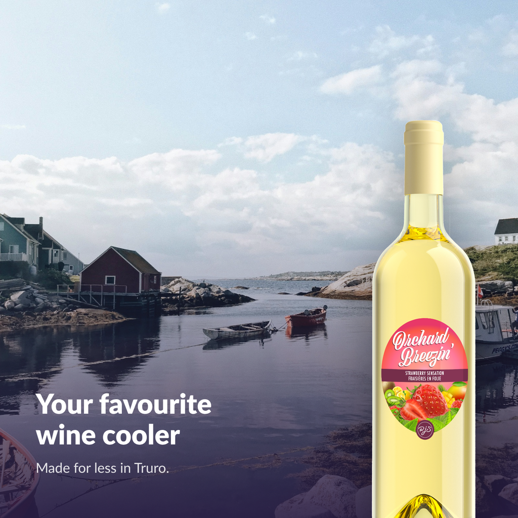 Orchard Breezin' Strawberry Sensation bottle in an Atlantic Canadian fishing harbour