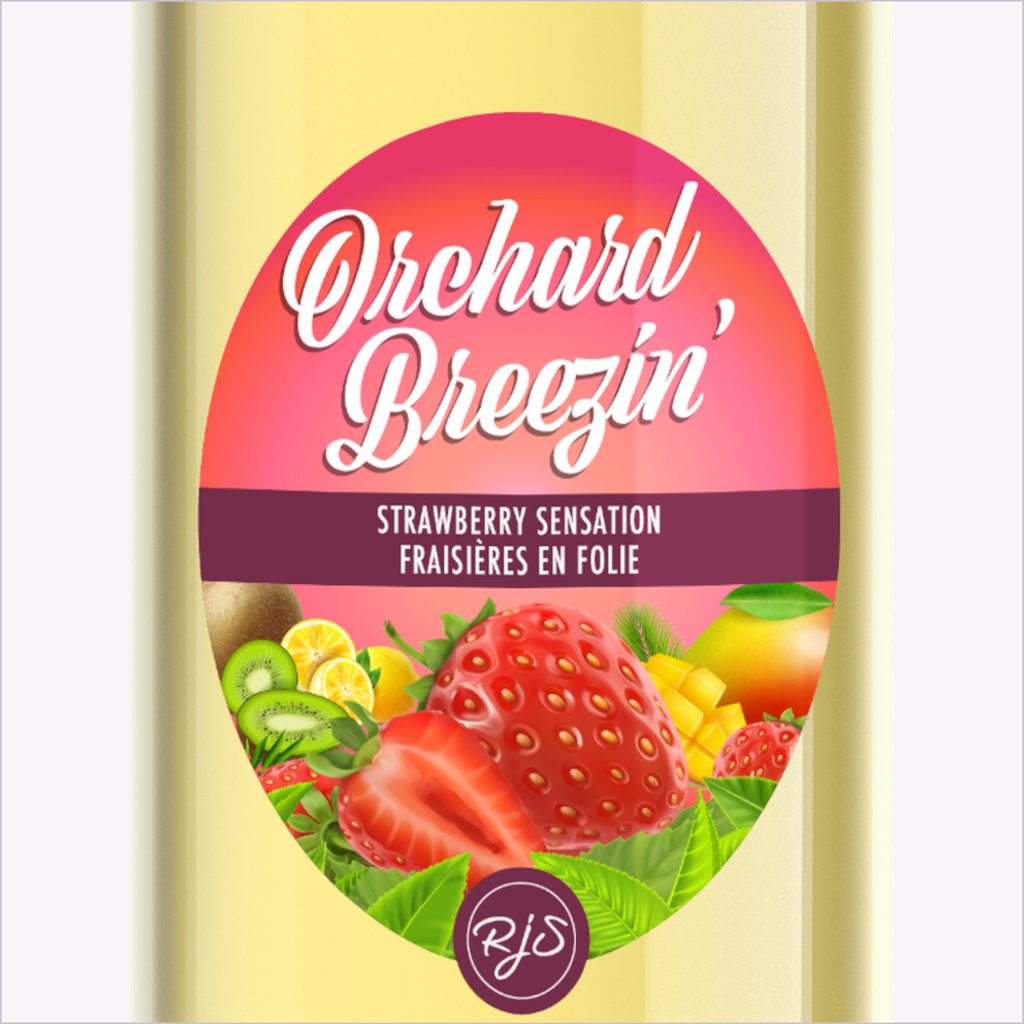 Close-up of the Orchard Breezin' Strawberry Sensation bottle label