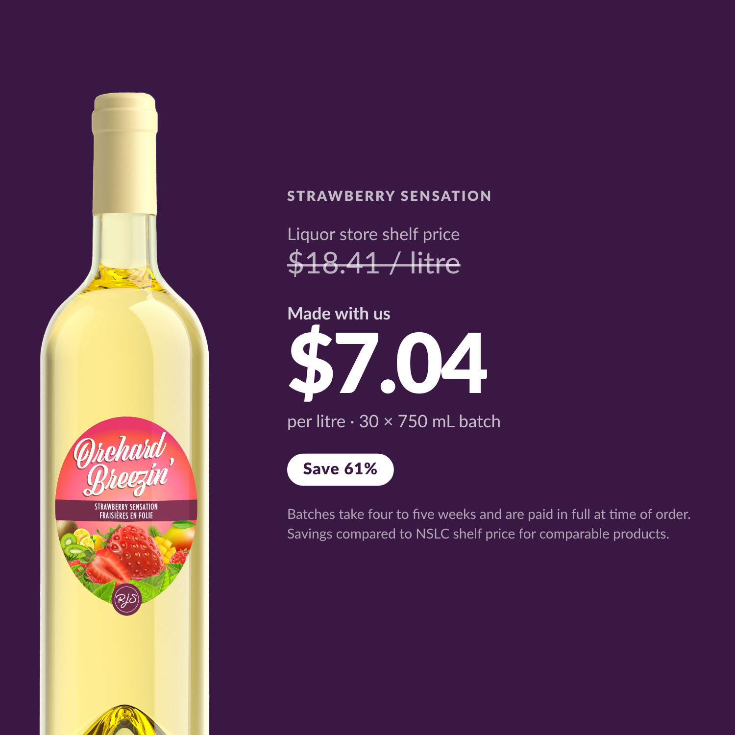 Orchard Breezin' Strawberry Sensation at $7.04 per litre made with us, versus $18.41 per litre liquor store shelf price