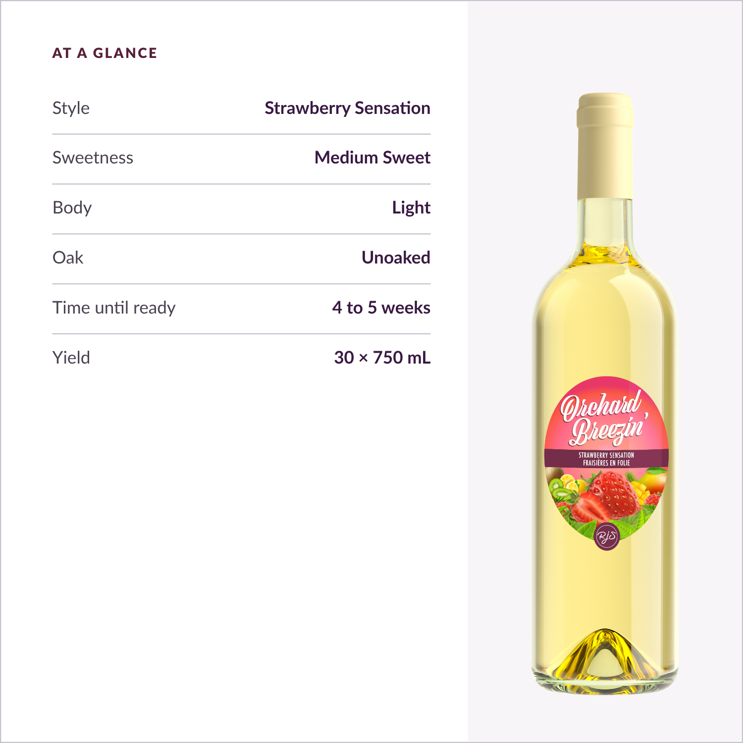 Orchard Breezin' Strawberry Sensation specifications: medium sweet, light body, unoaked, ready in 4 to 5 weeks