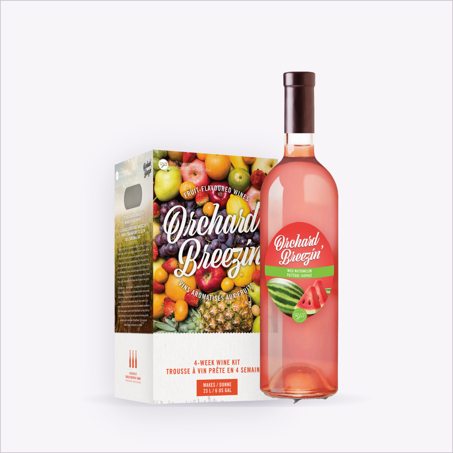Orchard Breezin' Wild Watermelon wine kit box with the finished bottle