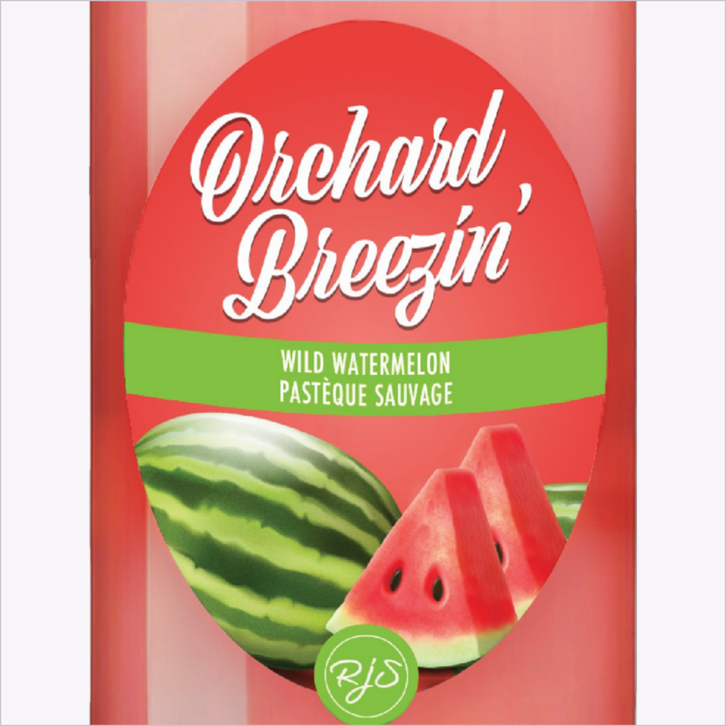 Close-up of the Orchard Breezin' Wild Watermelon bottle label