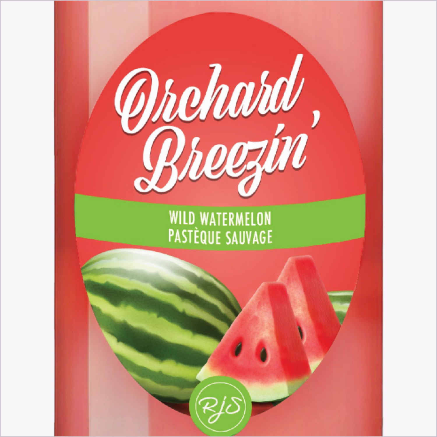 Close-up of the Orchard Breezin' Wild Watermelon bottle label