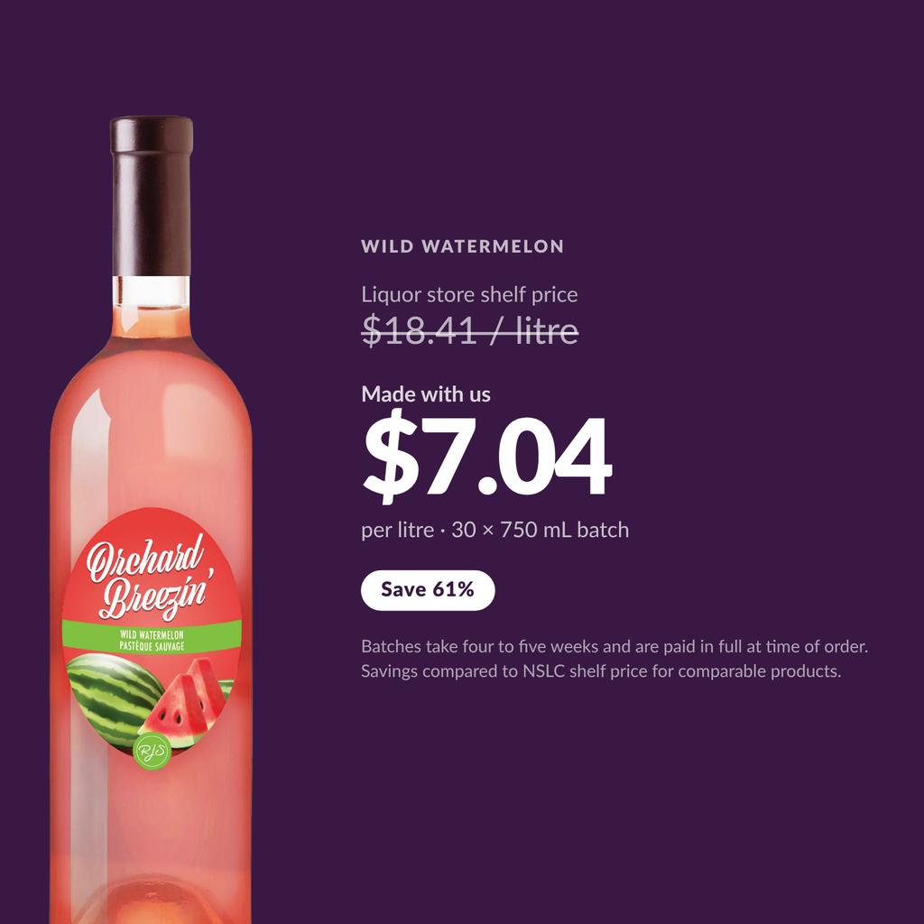 Orchard Breezin' Wild Watermelon at $7.04 per litre made with us, versus $18.41 per litre liquor store shelf price