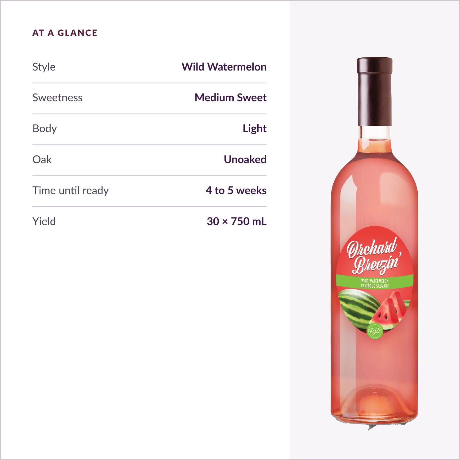 Orchard Breezin' Wild Watermelon specifications: medium sweet, light body, unoaked, ready in 4 to 5 weeks