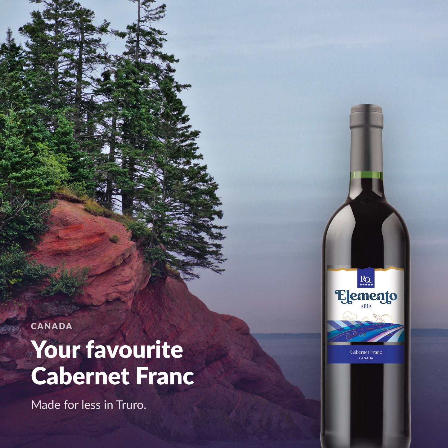 Bottle of RQ27 Cabernet Franc in a coastal setting