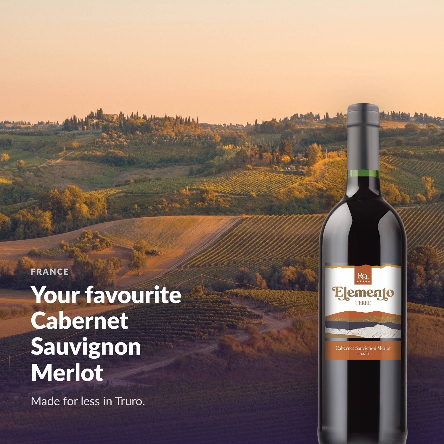 Bottle of RQ27 Cabernet Sauvignon Merlot in a rolling countryside setting