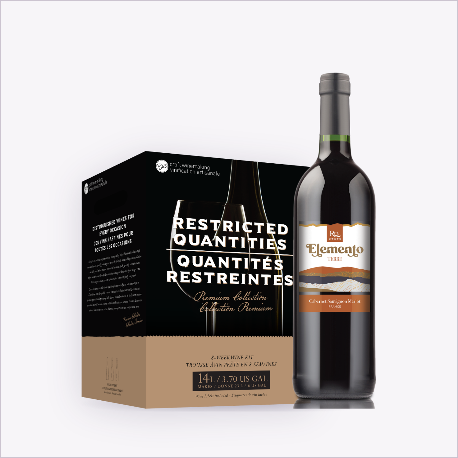 RQ27 Cabernet Sauvignon Merlot wine kit box beside the finished bottle