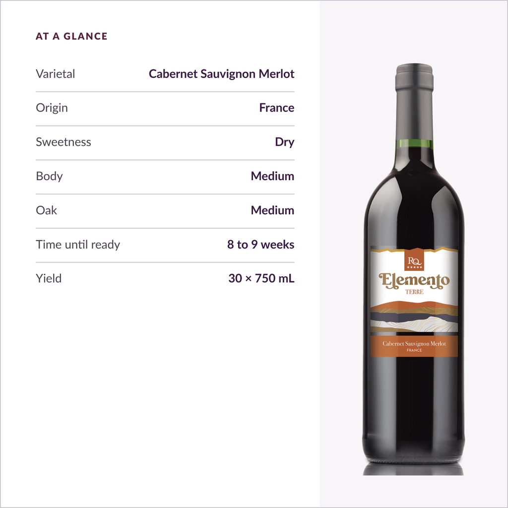 RQ27 Cabernet Sauvignon Merlot specifications: dry, medium body, medium oak, ready in 8 to 9 weeks, 30 x 750 mL
