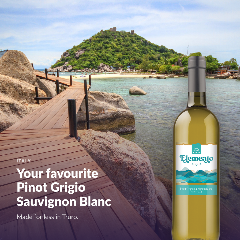Bottle of RQ27 Pinot Grigio Sauvignon Blanc in a bright coastal setting