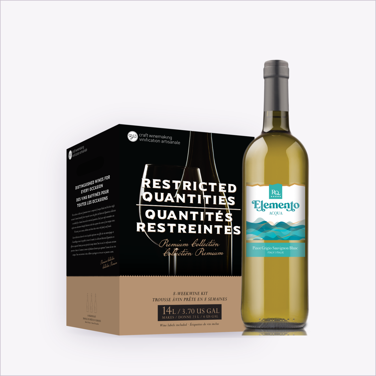 RQ27 Pinot Grigio Sauvignon Blanc wine kit box beside the finished bottle