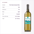 RQ27 Pinot Grigio Sauvignon Blanc specifications: dry, light body, unoaked, ready in 6 to 7 weeks, 30 x 750 mL