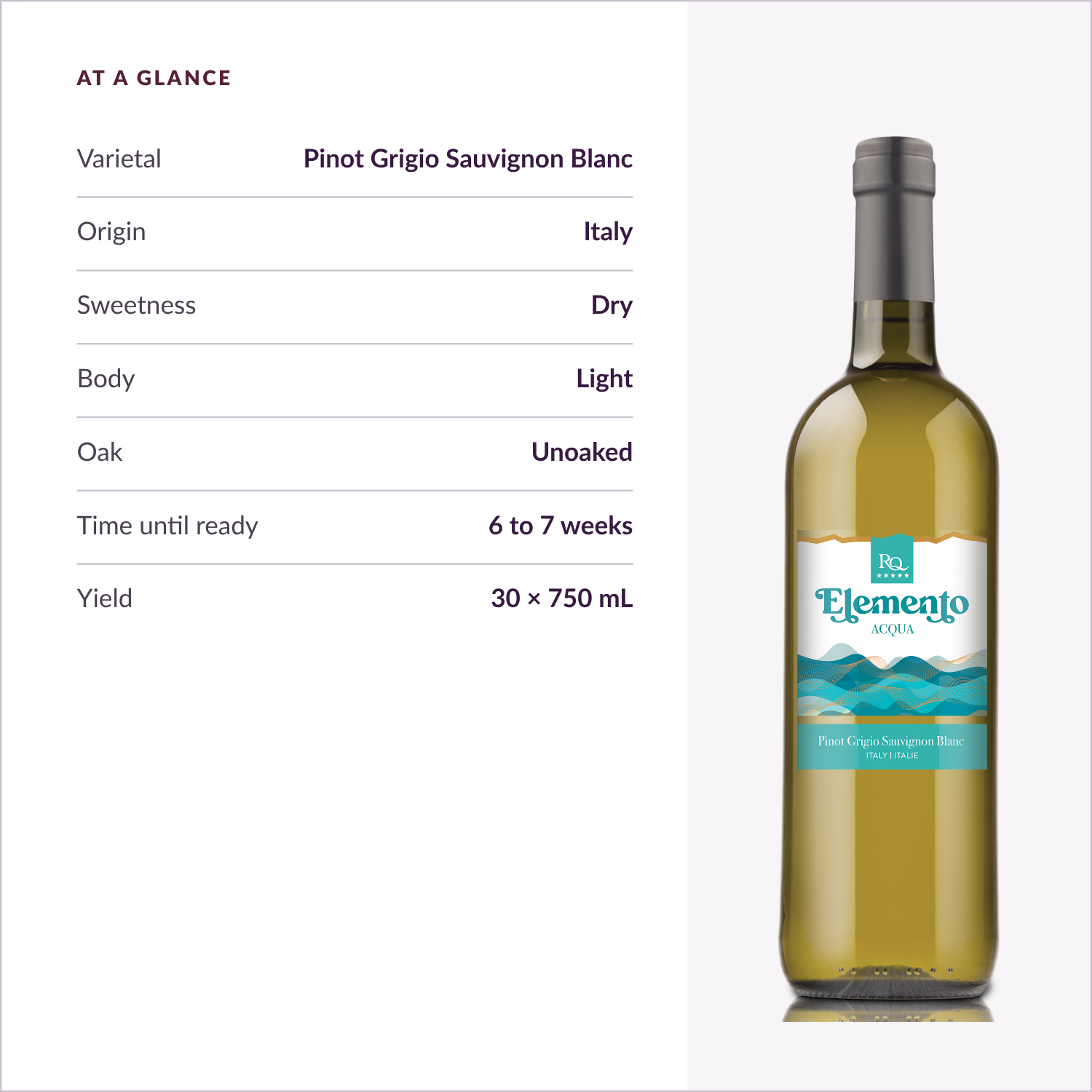 RQ27 Pinot Grigio Sauvignon Blanc specifications: dry, light body, unoaked, ready in 6 to 7 weeks, 30 x 750 mL