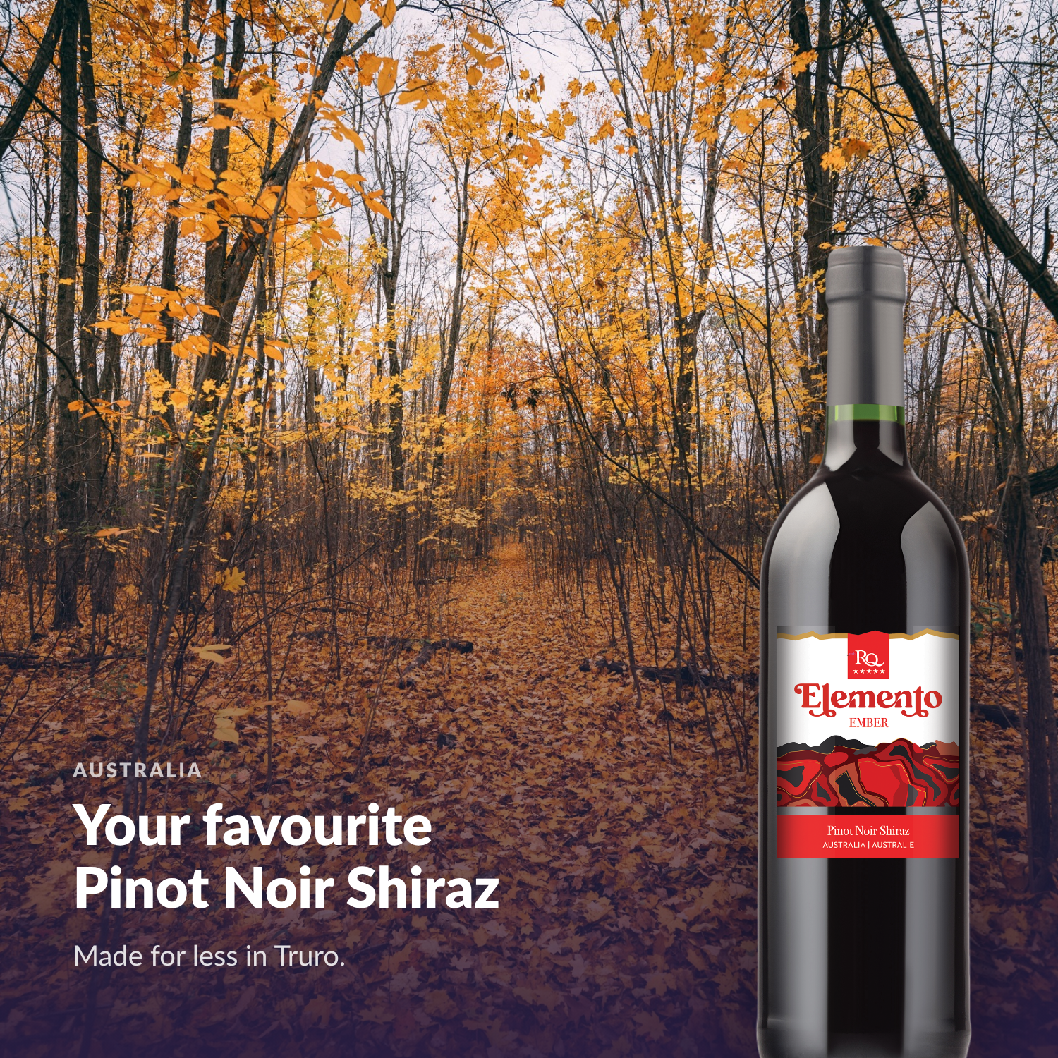 Bottle of RQ27 Pinot Noir Shiraz in an autumn setting
