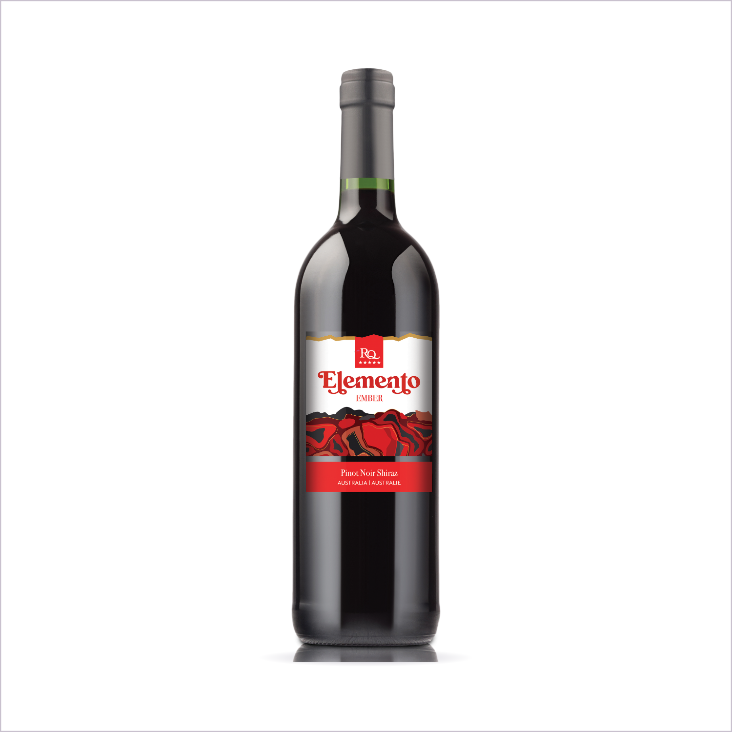 Finished bottle of RQ27 Pinot Noir Shiraz on a white background