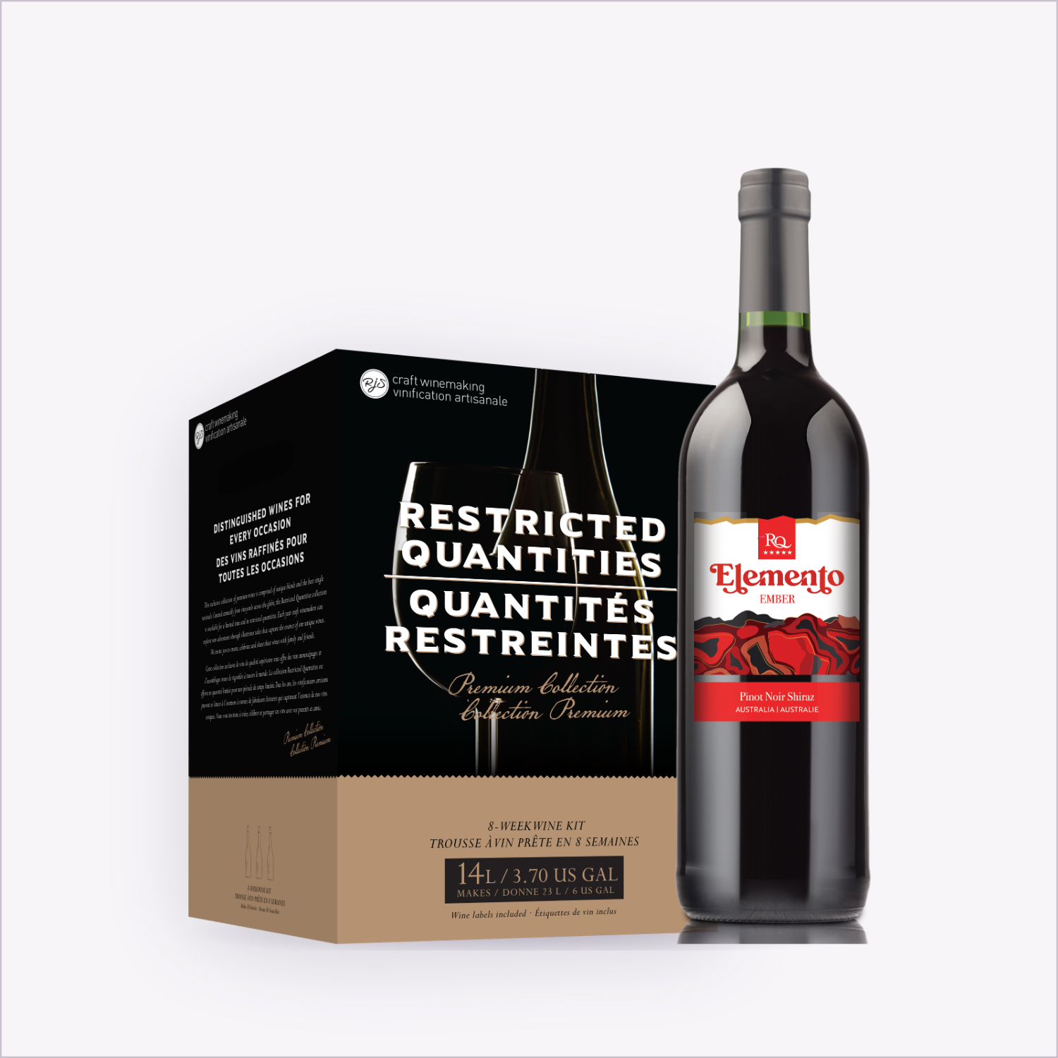 RQ27 Pinot Noir Shiraz wine kit box beside the finished bottle
