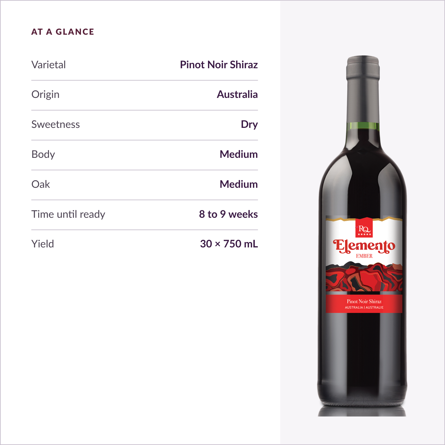 RQ27 Pinot Noir Shiraz specifications: dry, medium body, medium oak, ready in 8 to 9 weeks, 30 x 750 mL