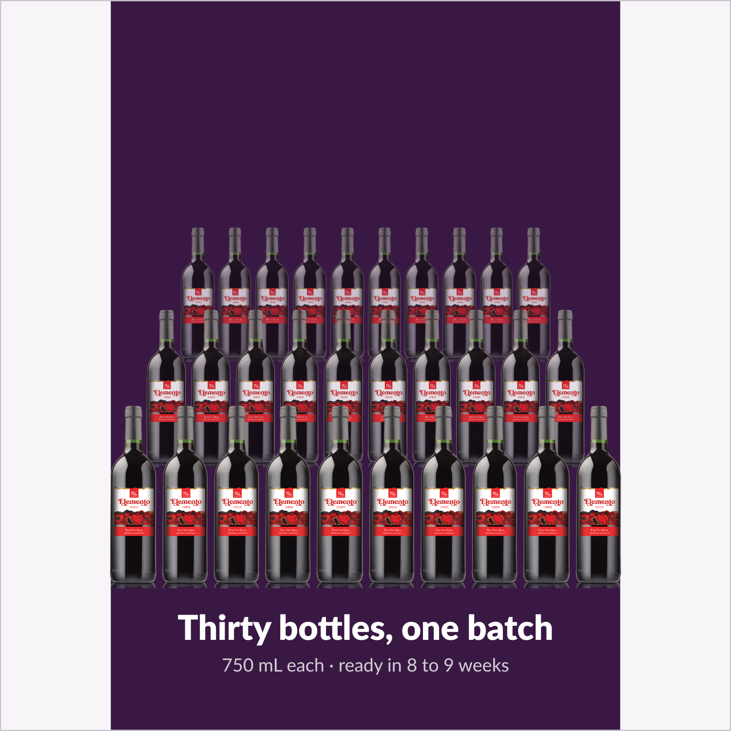 Thirty 750 mL bottles from one RQ27 Pinot Noir Shiraz batch