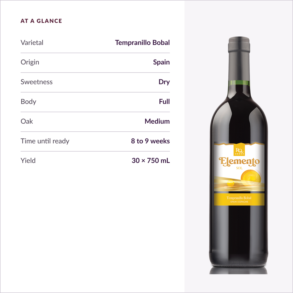 RQ27 Tempranillo Bobal specifications: dry, full body, medium oak, ready in 8 to 9 weeks, 30 x 750 mL