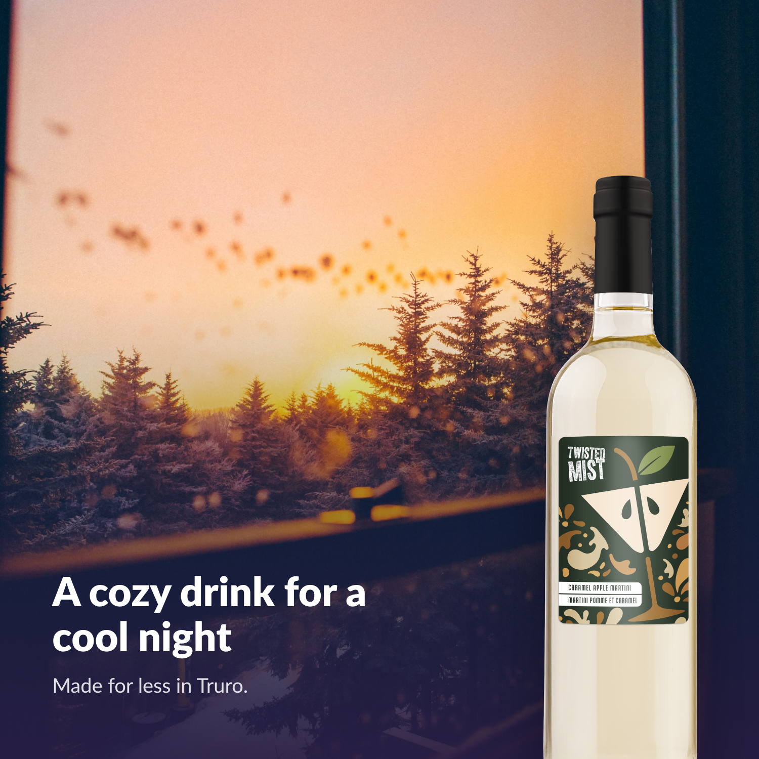 Twisted Mist Caramel Apple Martini bottle by a window at sunset on a cool evening