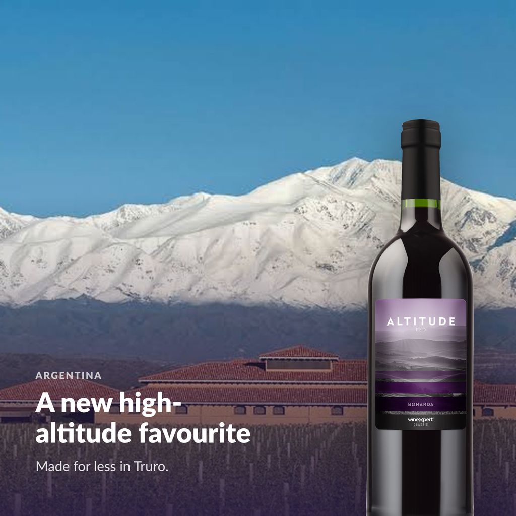 Bottle of Altitude Red in front of a Mendoza winery and the snow-capped Andes