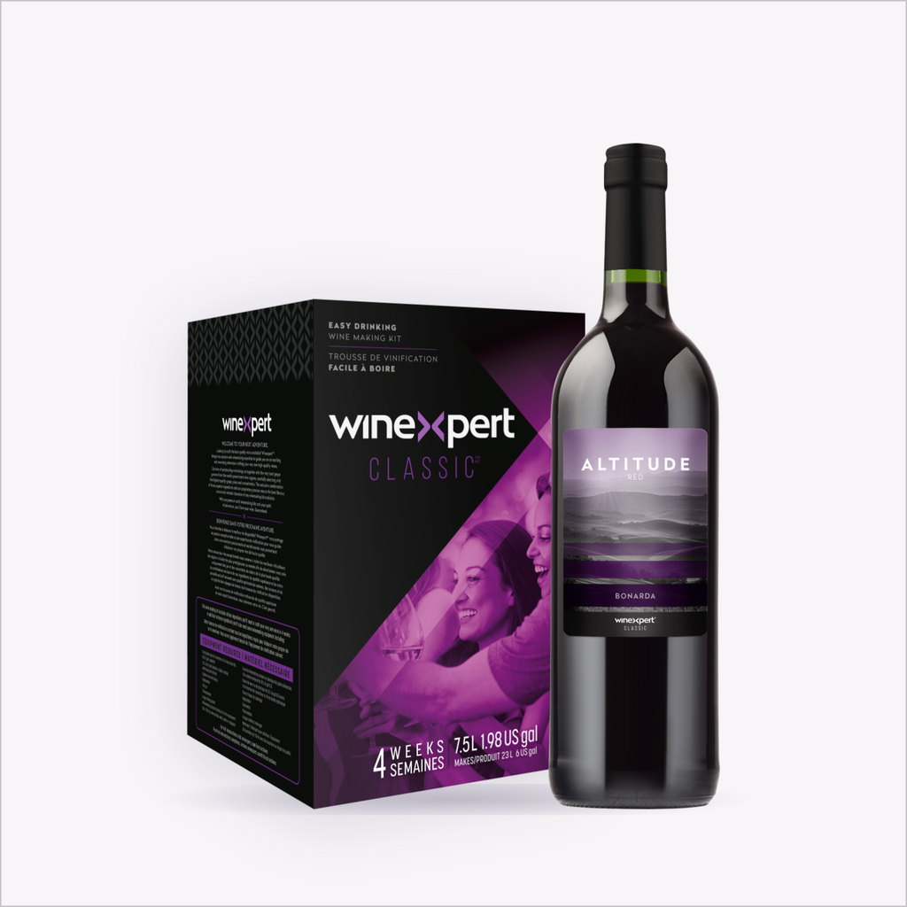 Winexpert Classic Altitude Red wine kit box with a finished bottle of the red blend