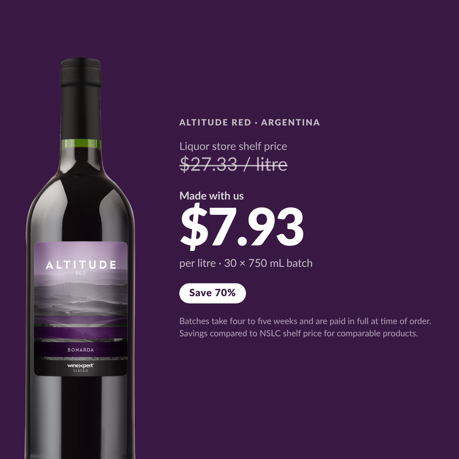 Altitude Red costs $7.93 per litre made with us versus $27.33 per litre at the liquor store - save 70%