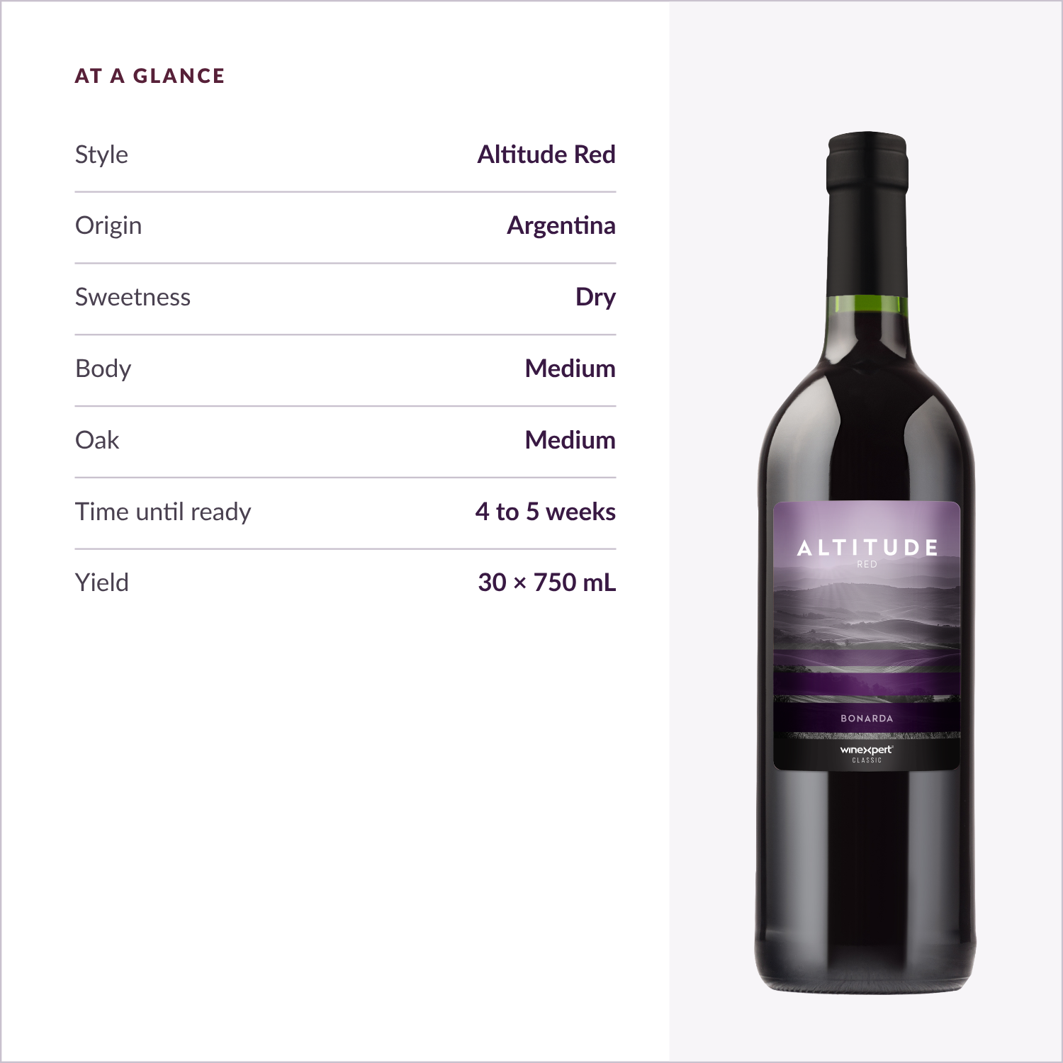At a glance: Altitude Red, Argentina, dry, medium body, medium oak, ready in 4 to 5 weeks, 30 x 750 mL