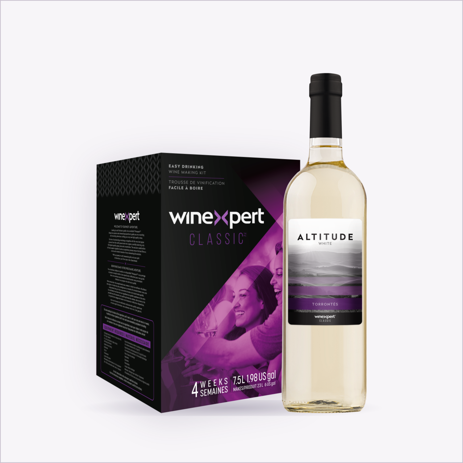 Winexpert Classic Altitude White wine kit box with a finished bottle of the white blend