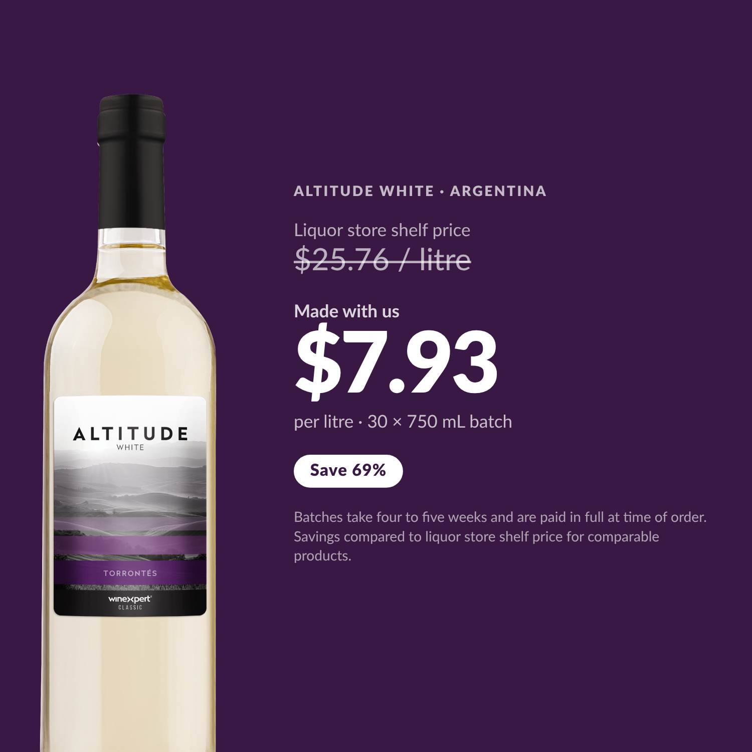 Altitude White costs $7.93 per litre made with us versus $25.76 per litre at the liquor store - save 69%