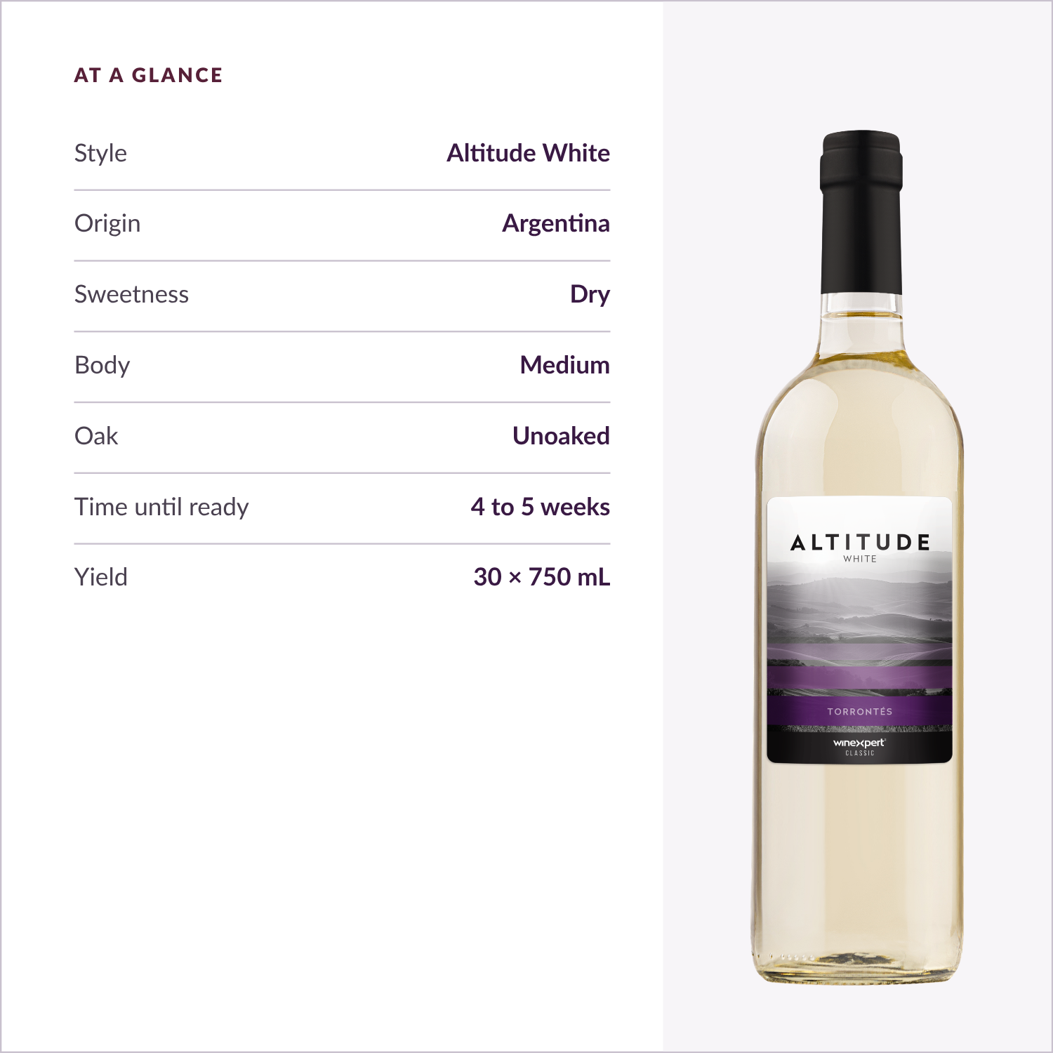 At a glance: Altitude White, Argentina, dry, medium body, unoaked, ready in 4 to 5 weeks, 30 x 750 mL