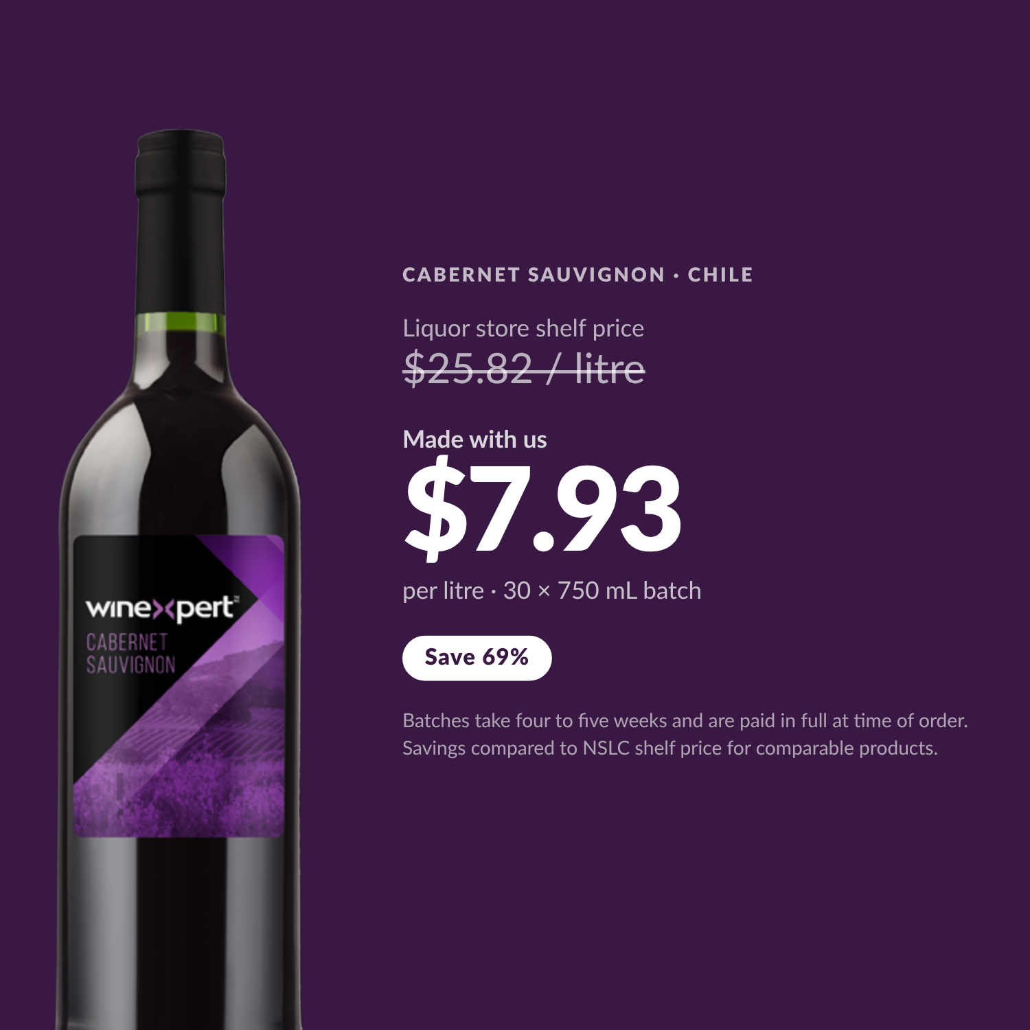 Winexpert Classic Cabernet Sauvignon wine kit — per-litre savings vs liquor store shelf price, Water'n'Wine Truro