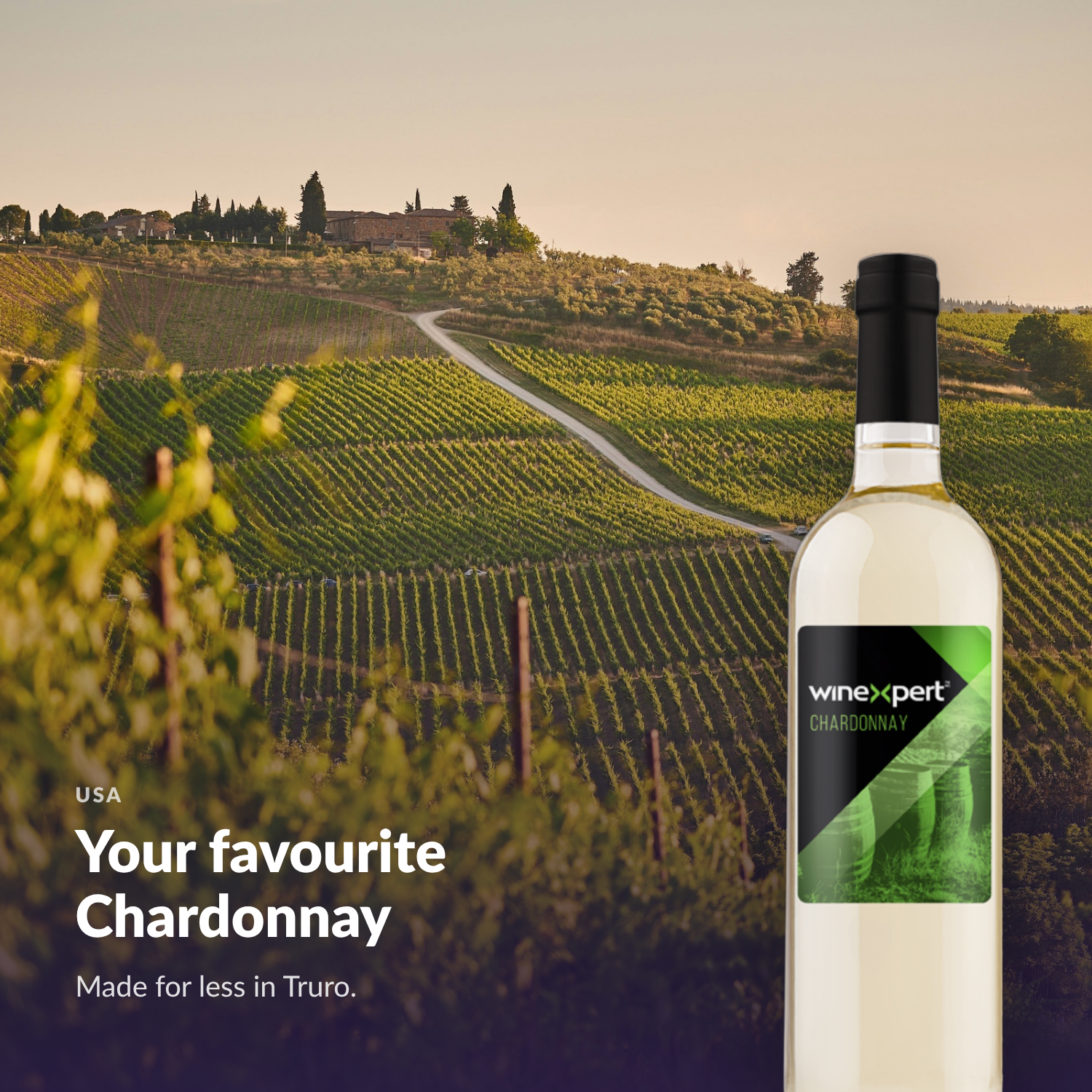 Winexpert Classic Chardonnay wine kit — lifestyle photo with bottle, Water'n'Wine Truro