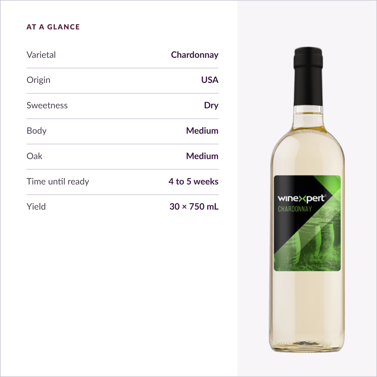 Winexpert Classic Chardonnay wine kit — at-a-glance spec card, Water'n'Wine Truro