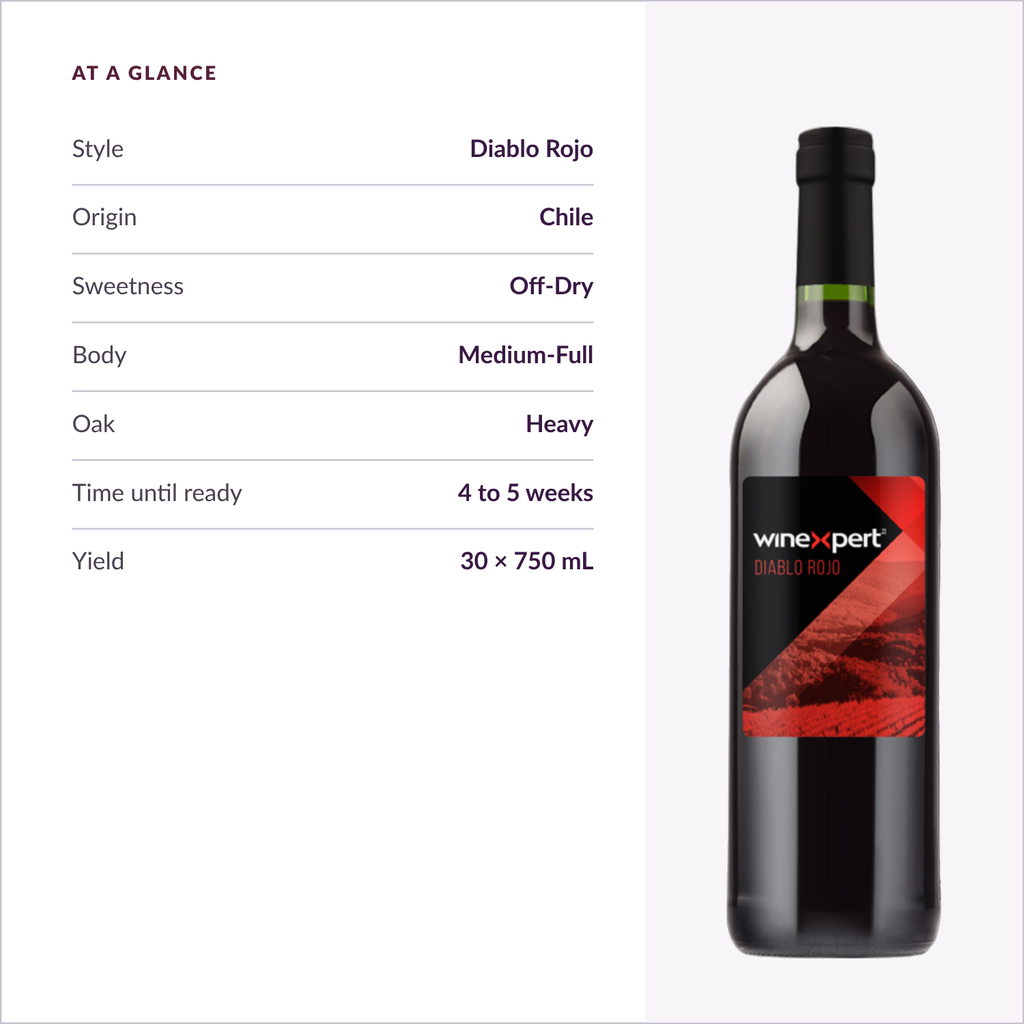 Winexpert Classic Diablo Rojo wine kit — at-a-glance spec card, Water'n'Wine Truro