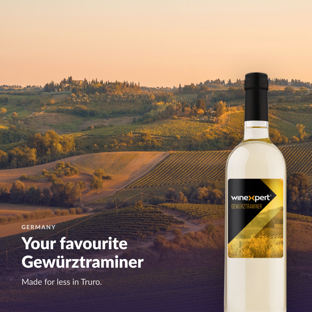 Winexpert Classic Gewürztraminer wine kit — lifestyle photo with bottle, Water'n'Wine Truro
