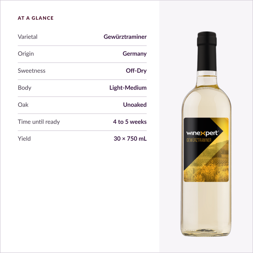 Winexpert Classic Gewürztraminer wine kit — at-a-glance spec card, Water'n'Wine Truro