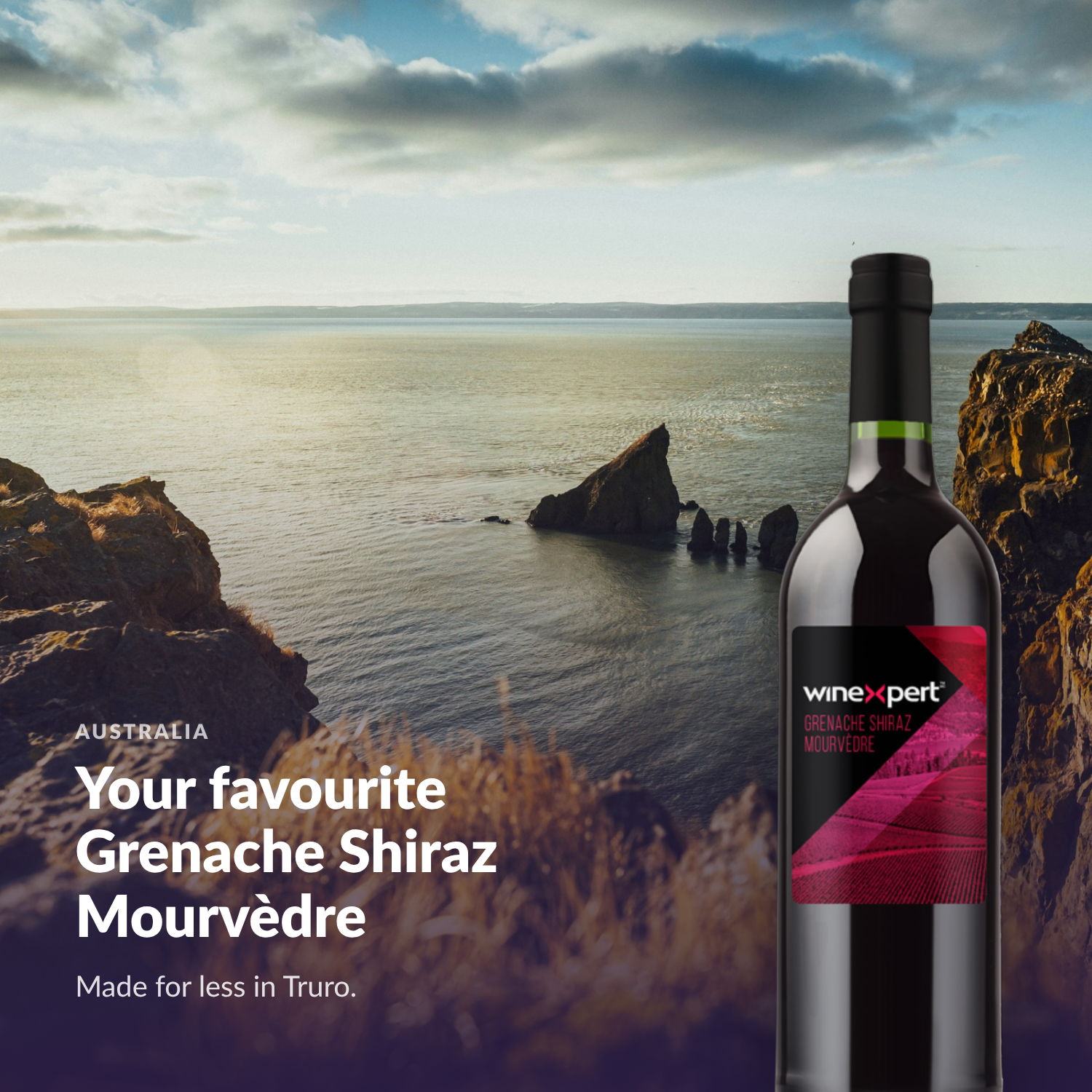 Winexpert Classic Grenache Shiraz Mourvèdre wine kit — lifestyle photo with bottle, Water'n'Wine Truro