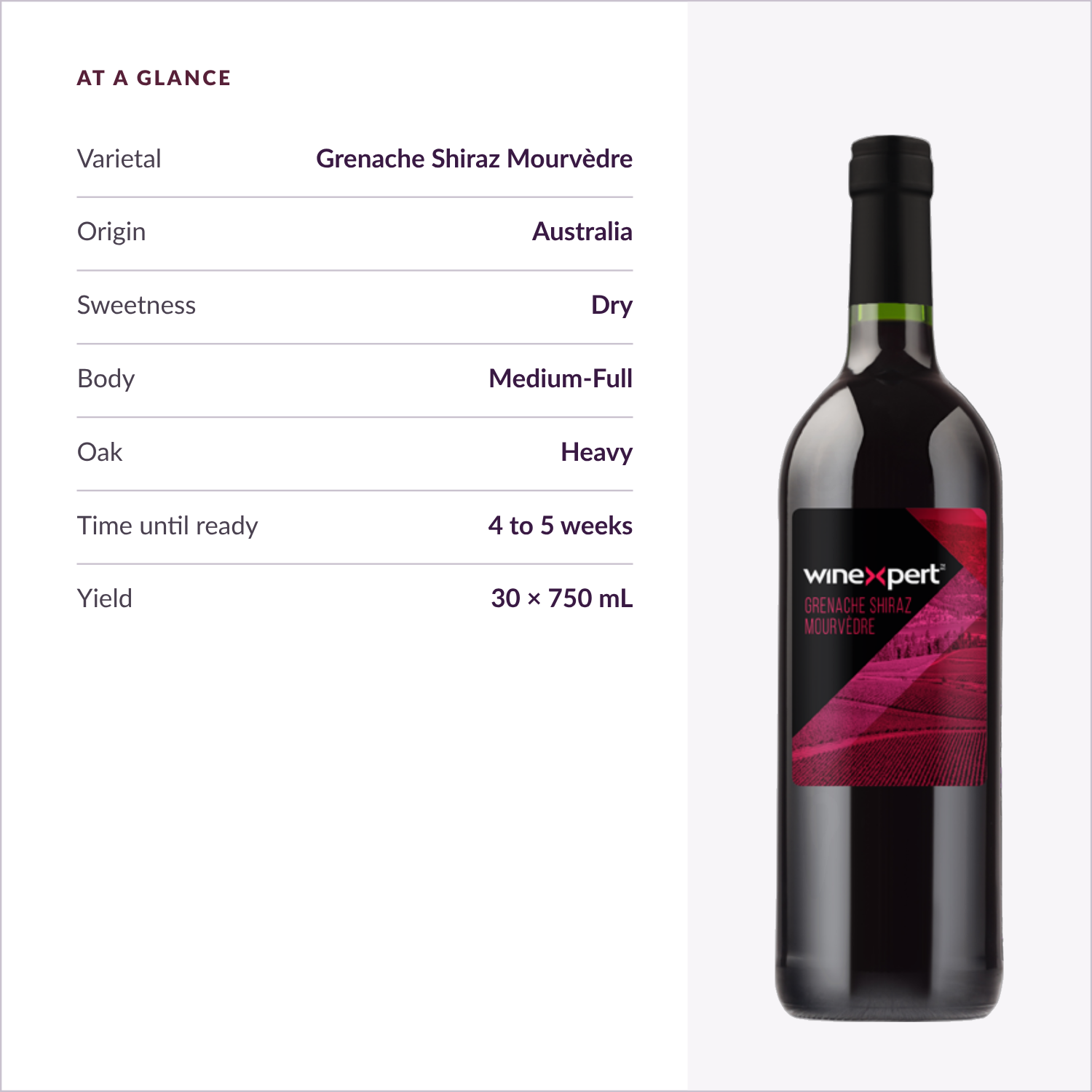 Winexpert Classic Grenache Shiraz Mourvèdre wine kit — at-a-glance spec card, Water'n'Wine Truro